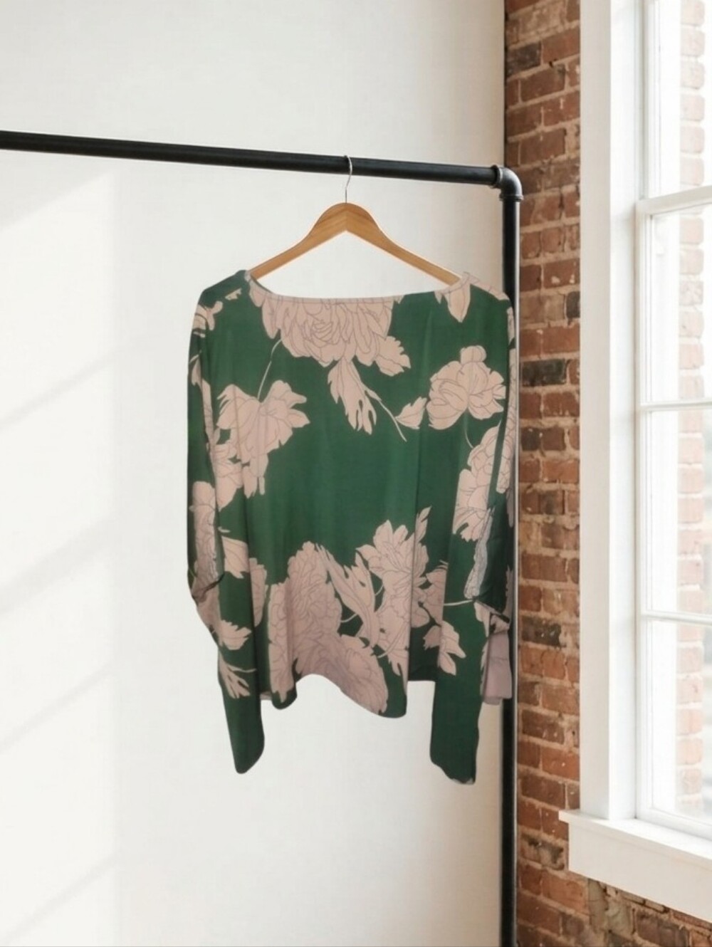 Before You  Green Floral Dolman Sleeve Blouse Oversized Boho Top - Size XS